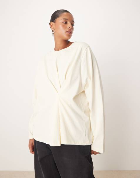 ASOS DESIGN Curve – Kremowy T-shirt z długimi rękawami i zaszewką - view 1