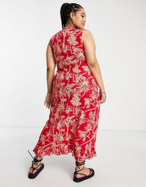 ASOS DESIGN Curve - Krøllet rød midi-sommerkjole med slå-om, spænde og palmeprint, 4 af 4