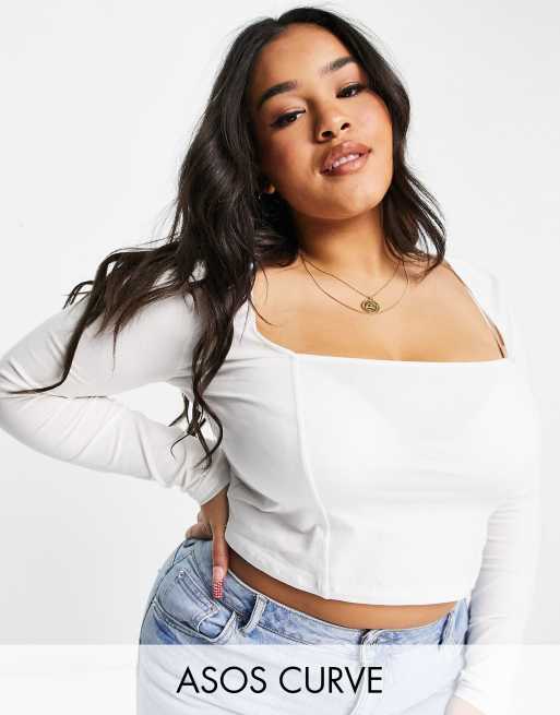 ASOS DESIGN Curve – Krótki kremowy top z dekoltem karo i ozdobnym przeszyciem