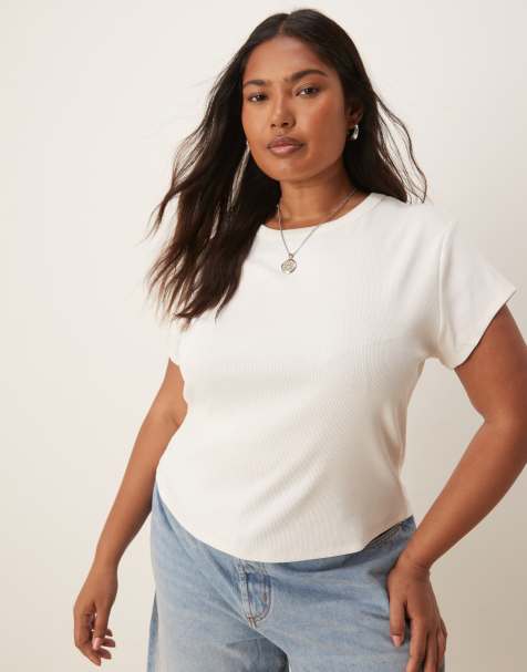 ASOS DESIGN Curve – Krótki prążkowany T-shirt w kremowym kolorze - view 1
