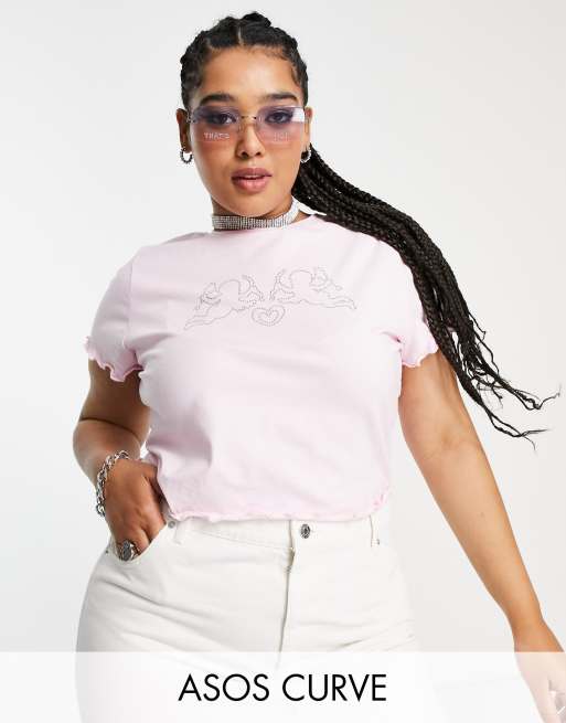 ASOS DESIGN Curve - Krympet lyserød T-shirt med engledesign i rhinsten