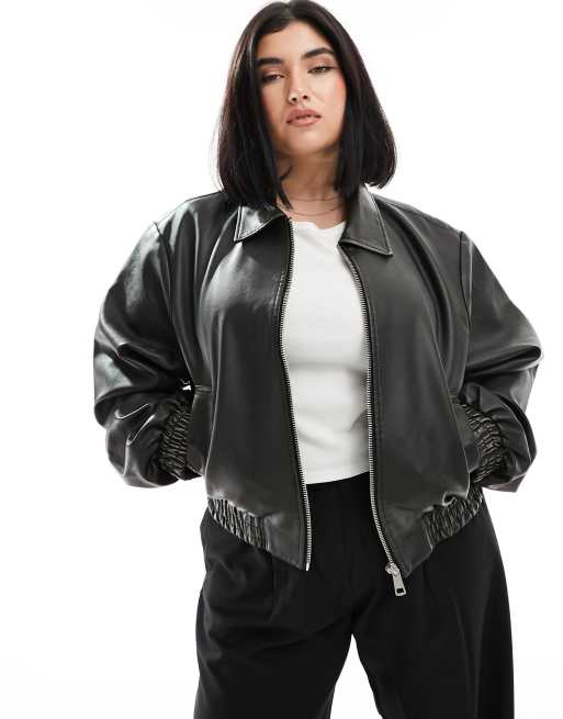 ASOS DESIGN Curve Kunstleder Jacke in verwaschenem Schwarz mit Kragendetail ASOS