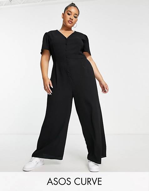 Womens Clothing Jumpsuits and rompers Full-length jumpsuits and rompers ASOS Curve Contrast Stitch Button Front Dungaree Jumpsuit in Natural 