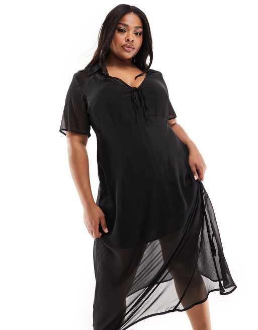 ASOS DESIGN Curve – Kurzärmliges Chiffon-Midikleid in Schwarz mit Kragen