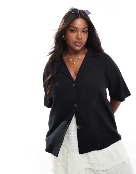 ASOS DESIGN Curve – Kurzärmliges Hemd aus Leinenmix in Schwarz - view 1