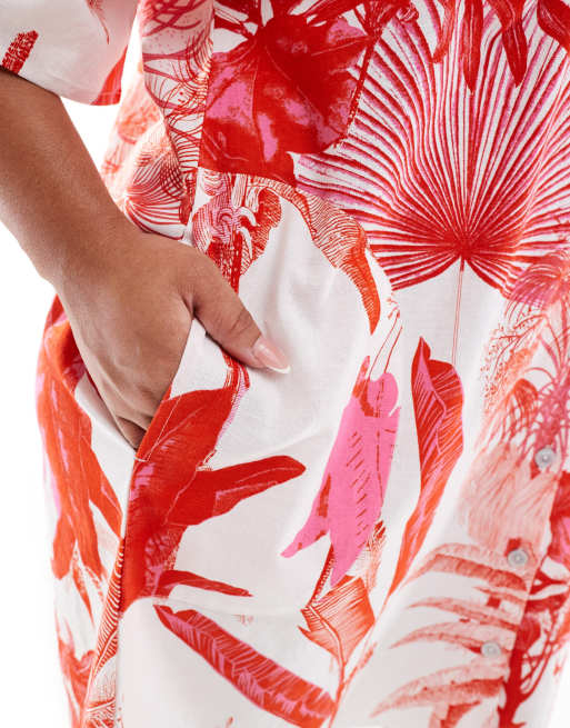 ASOS DESIGN Curve – Kurzärmliges, kastiges Mini-Hemdkleid in Leinenoptik mit tropischem Muster in Rot, 2 von 4