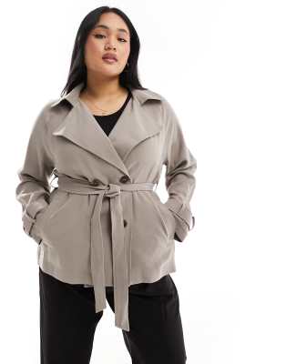 ASOS DESIGN Curve - Kurzer, leichter Trenchcoat in Pilzbeige mit Taillengürtel-Brown