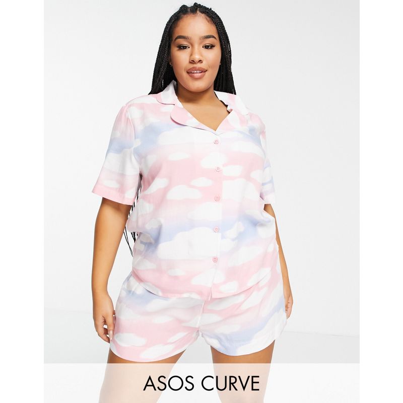 DESIGN Curve – Kurzer Pyjama aus Modal mit Wolkenmuster in Rosa, Blau und Weiß mit Hemd und Shorts