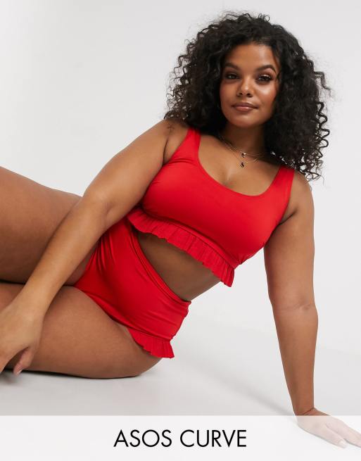 Asos Design Curve Roter Bikini Mit Plissierten Ruschen Asos