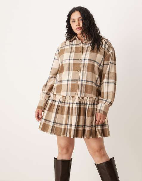 ASOS DESIGN Curve – Kurzes Hemdblusenkleid in Hellbraun mit tiefer Taille und farblich abgestimmtem Karomuster - view 1