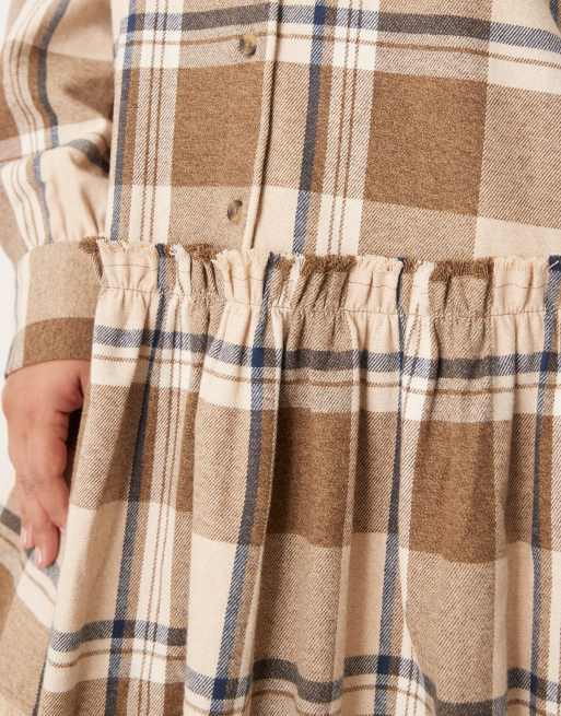 ASOS DESIGN Curve – Kurzes Hemdblusenkleid in Hellbraun mit tiefer Taille und farblich abgestimmtem Karomuster, 3 von 4