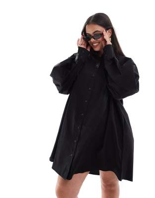 ASOS DESIGN Curve - Kurzes Hemdblusenkleid in Schwarz mit Boyfriend-Schnitt und Blousonärmeln