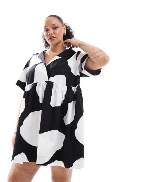 ASOS DESIGN Curve – Kurzes Hemdblusenkleid in Schwarz-Weiß mit Korsettsaum, Reverskragen und verwischtem Muster - view 1