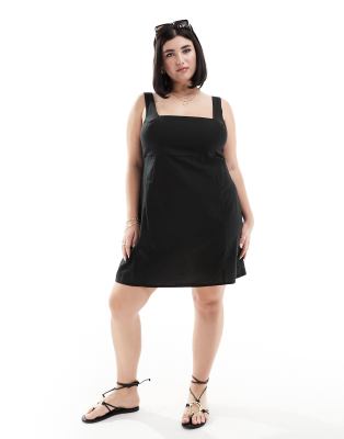 ASOS DESIGN Curve - Kurzes Leinen-Sommerkleid in Schwarz mit eckigem Ausschnitt und gebundener Rückseite