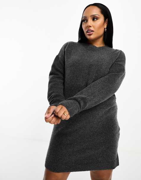 ASOS DESIGN Curve – Kurzes Pulloverkleid aus Strick in Anthrazit mit Rundhalsausschnitt - view 1