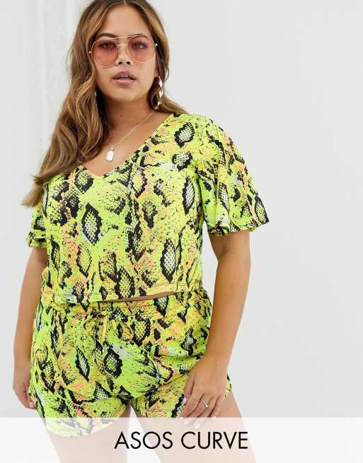 ASOS DESIGN Curve – Strandkombi aus Jersey mit Schlangenhautprint in Neon, 2 von 3