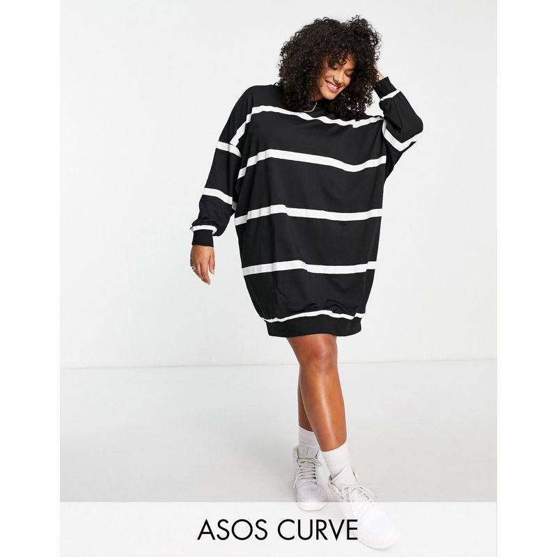 DESIGN Curve – Kurzes Sweatshirt-Kleid in Schwarz und Weiß mit Kapuze und Streifenmuster