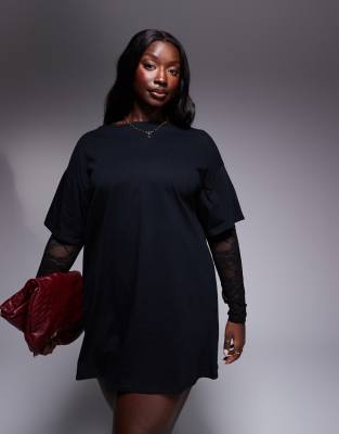 ASOS DESIGN Curve - Kurzes T-Shirt-Kleid in Schwarz mit Spitzenärmeln