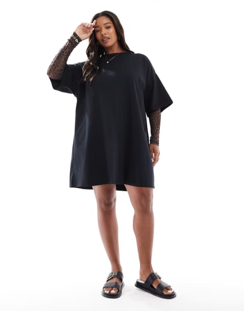 ASOS DESIGN Curve – Kurzes T-Shirt-Kleid mit Ärmeln aus Netzstoff mit Leopardenmuster - view 1