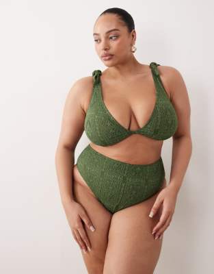 ASOS DESIGN Curve - Kyle - Bikinihose in Olivgrün mit hohem Beinausschnitt und hohem Bund