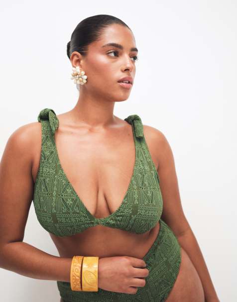 ASOS DESIGN Curve Kyle broderie twist front crop bikini top in olive