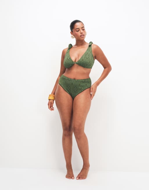 ASOS DESIGN Curve Kyle broderie twist front crop bikini top in olive, 3 of 8