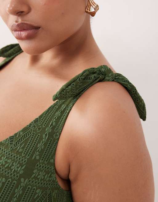 ASOS DESIGN Curve Kyle broderie twist front crop bikini top in olive | ASOS