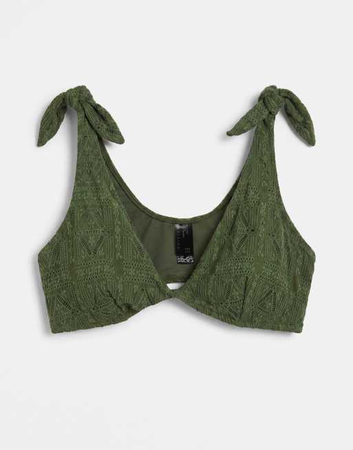 ASOS DESIGN Curve Kyle broderie twist front crop bikini top in olive, 5 of 8