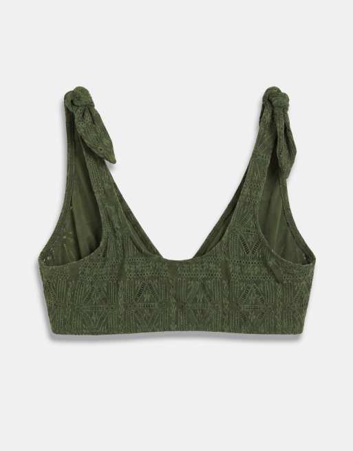 ASOS DESIGN Curve Kyle broderie twist front crop bikini top in olive, 6 of 8