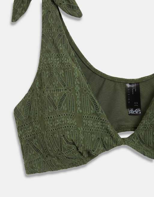 ASOS DESIGN Curve Kyle broderie twist front crop bikini top in olive, 7 of 8