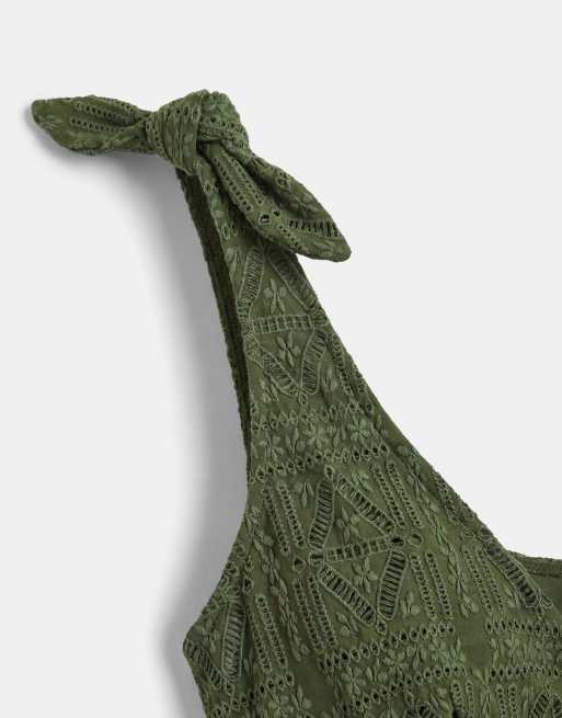 ASOS DESIGN Curve Kyle broderie twist front crop bikini top in olive, 8 of 8