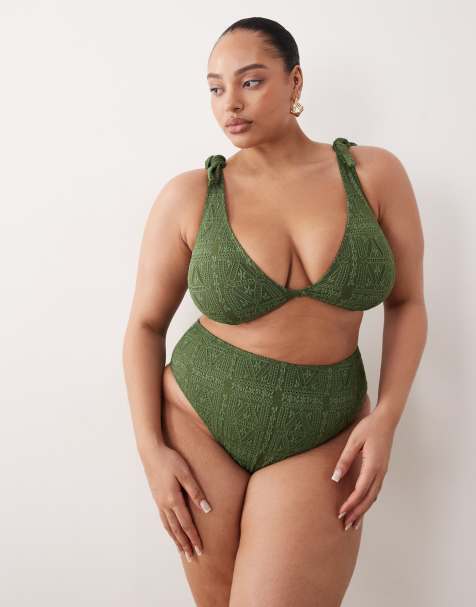 ASOS DESIGN Curve – Kyle – Olivgrön bikiniunderdel med hög midja och benskärning - view 1