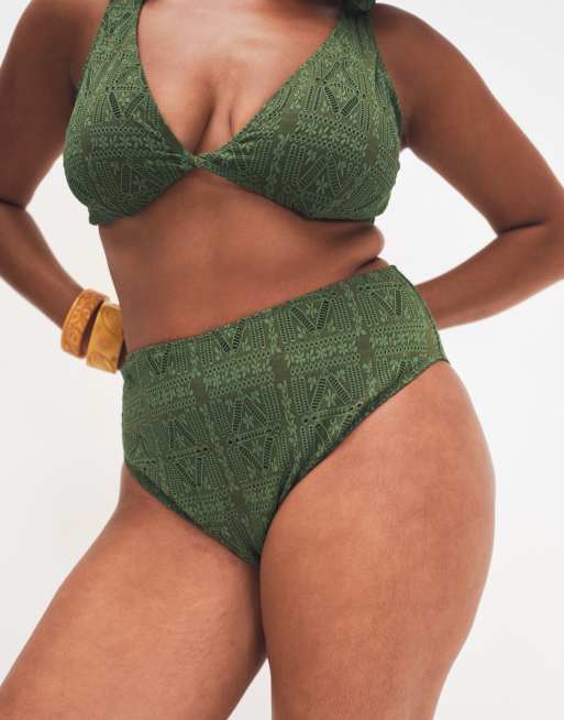 ASOS DESIGN Curve – Kyle – Olivgrön bikiniunderdel med hög midja och benskärning, 3 av 8