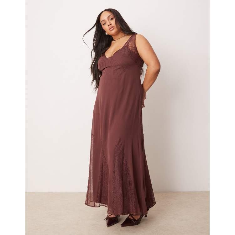 ASOS DESIGN Curve lace and chiffon midi dress with godets in chocolate brown  | ASOS