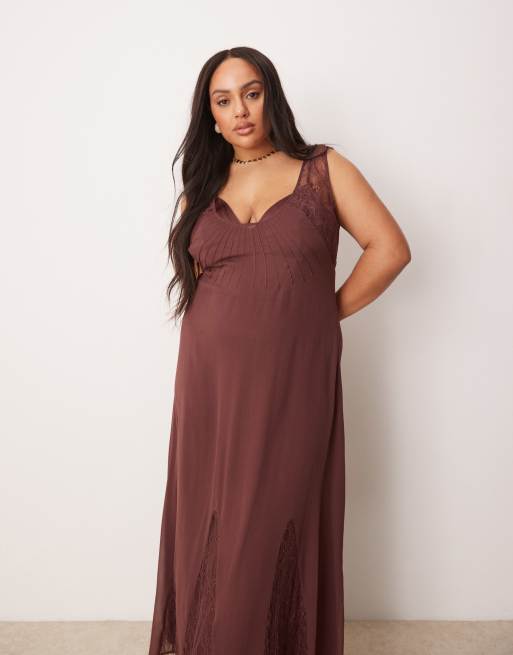 ASOS DESIGN Curve lace and chiffon midi dress with godets in chocolate brown