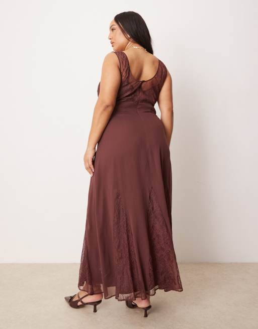 ASOS DESIGN Curve lace and chiffon midi dress with godets in chocolate brown