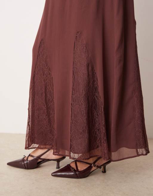 ASOS DESIGN Curve lace and chiffon midi dress with godets in chocolate brown