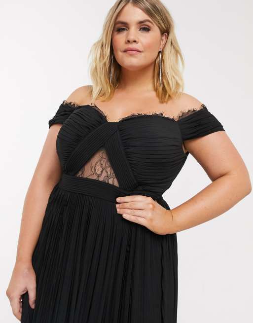 ASOS DESIGN Curve lace and pleat bardot maxi dress in black | ASOS