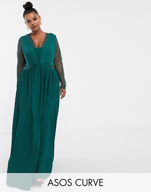 ASOS DESIGN Curve lace and pleat long sleeve maxi dress