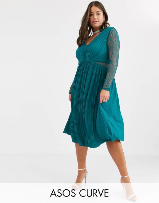 ASOS DESIGN Curve lace and pleat long sleeve midi dress | ASOS