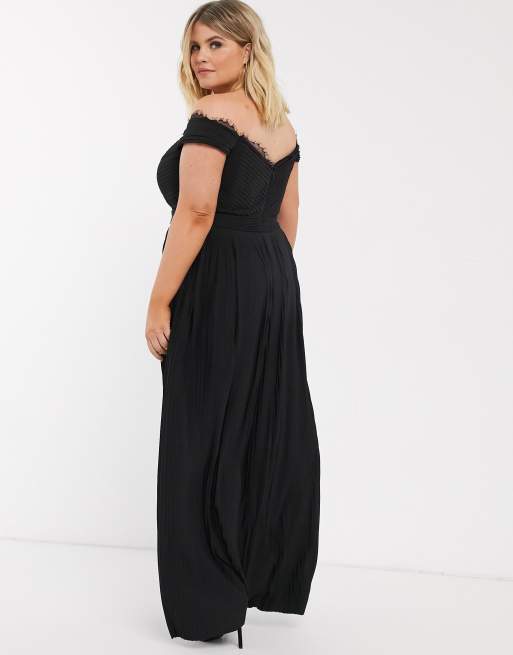 ASOS DESIGN Curve lace and pleat off-the-shoulder maxi dress in black | ASOS