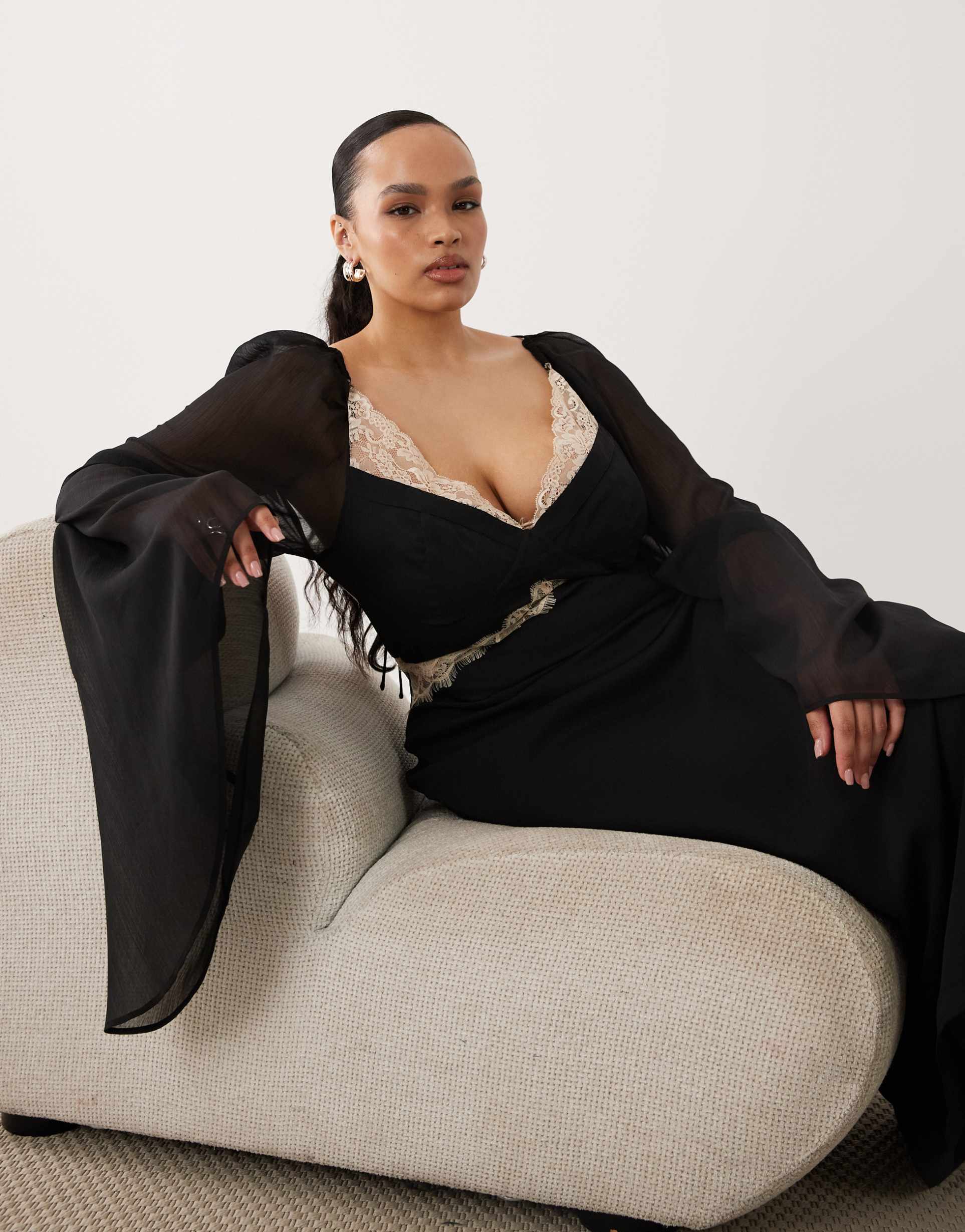 asos design curve lace applique chiffon mix draped sleeve midi dress in mono