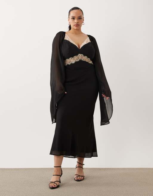 ASOS DESIGN Curve lace applique chiffon mix draped sleeve midi dress in mono, 2 of 4