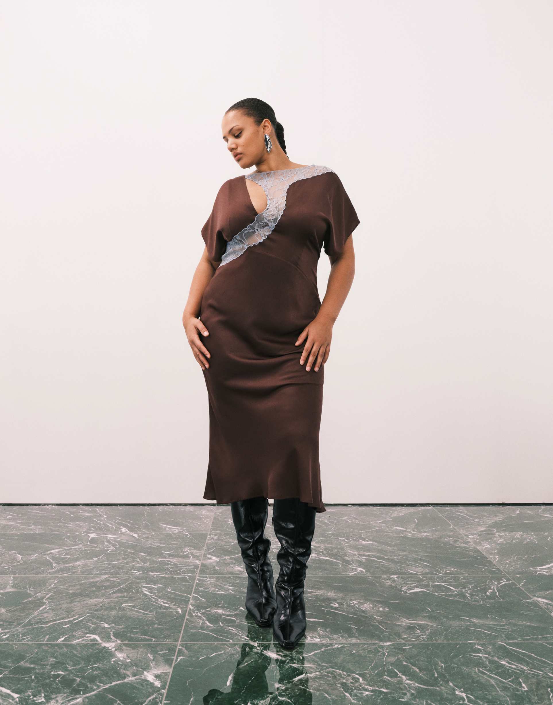 asos design curve lace applique grown-on sleeve bias cut satin dress in plum