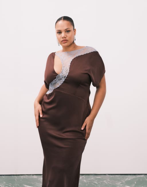 ASOS DESIGN Curve lace applique grown-on sleeve bias cut satin dress in plum  | ASOS