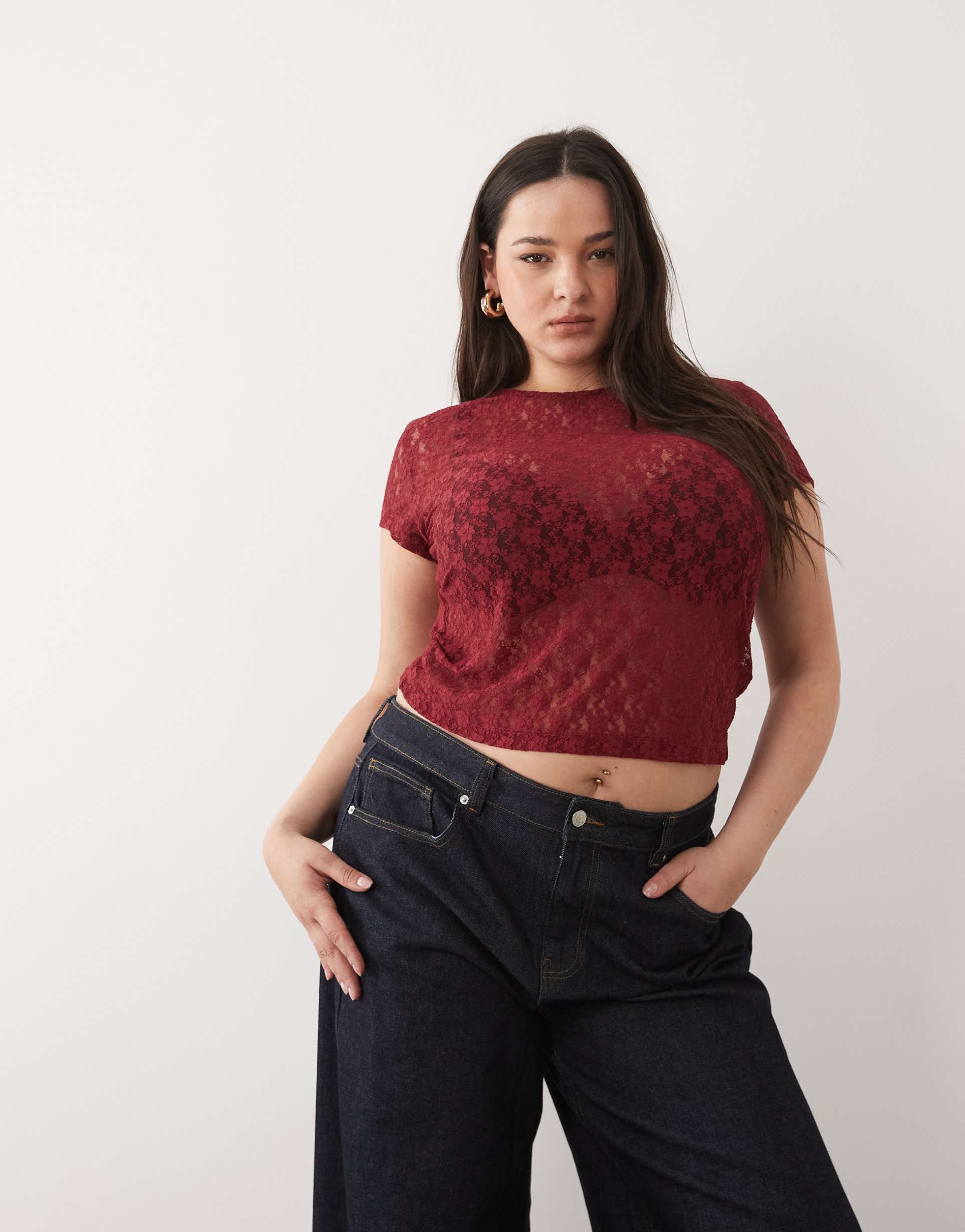 asos design curve lace baby tee in dark red
