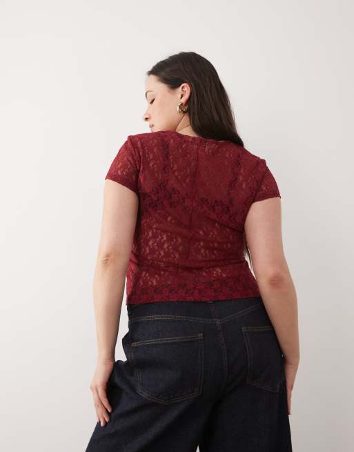 ASOS DESIGN Curve lace baby tee in dark red, 4 of 4