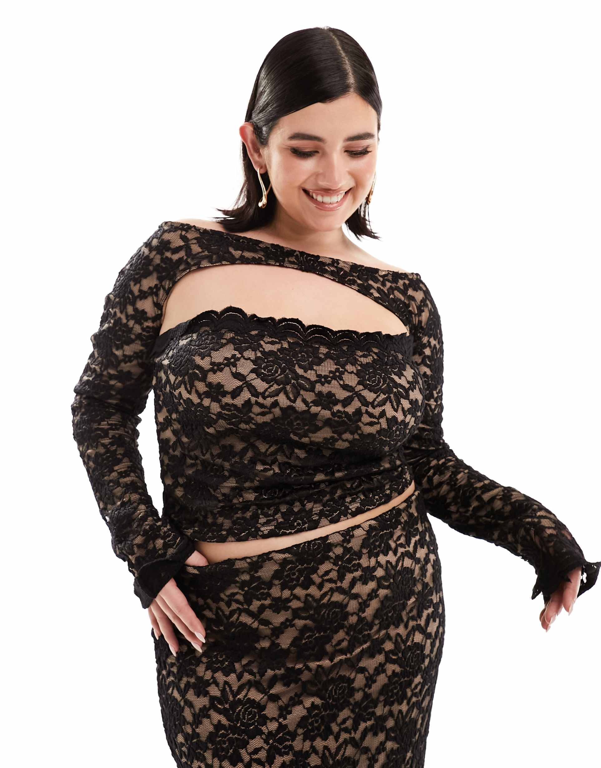 asos design curve lace bandeau top with shrug in black - part of a set
