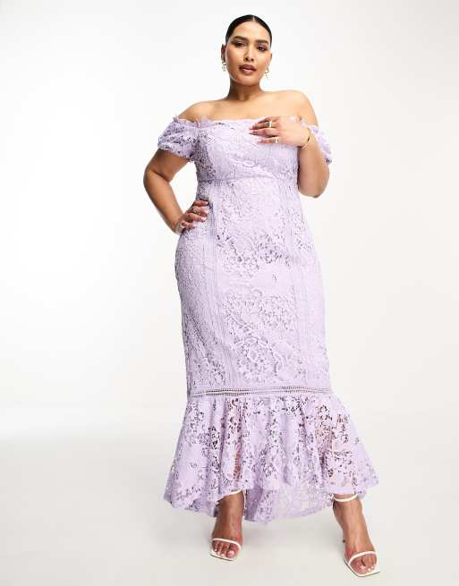 ASOS DESIGN Curve lace bardot cut out maxi dress with frill hem in lilac