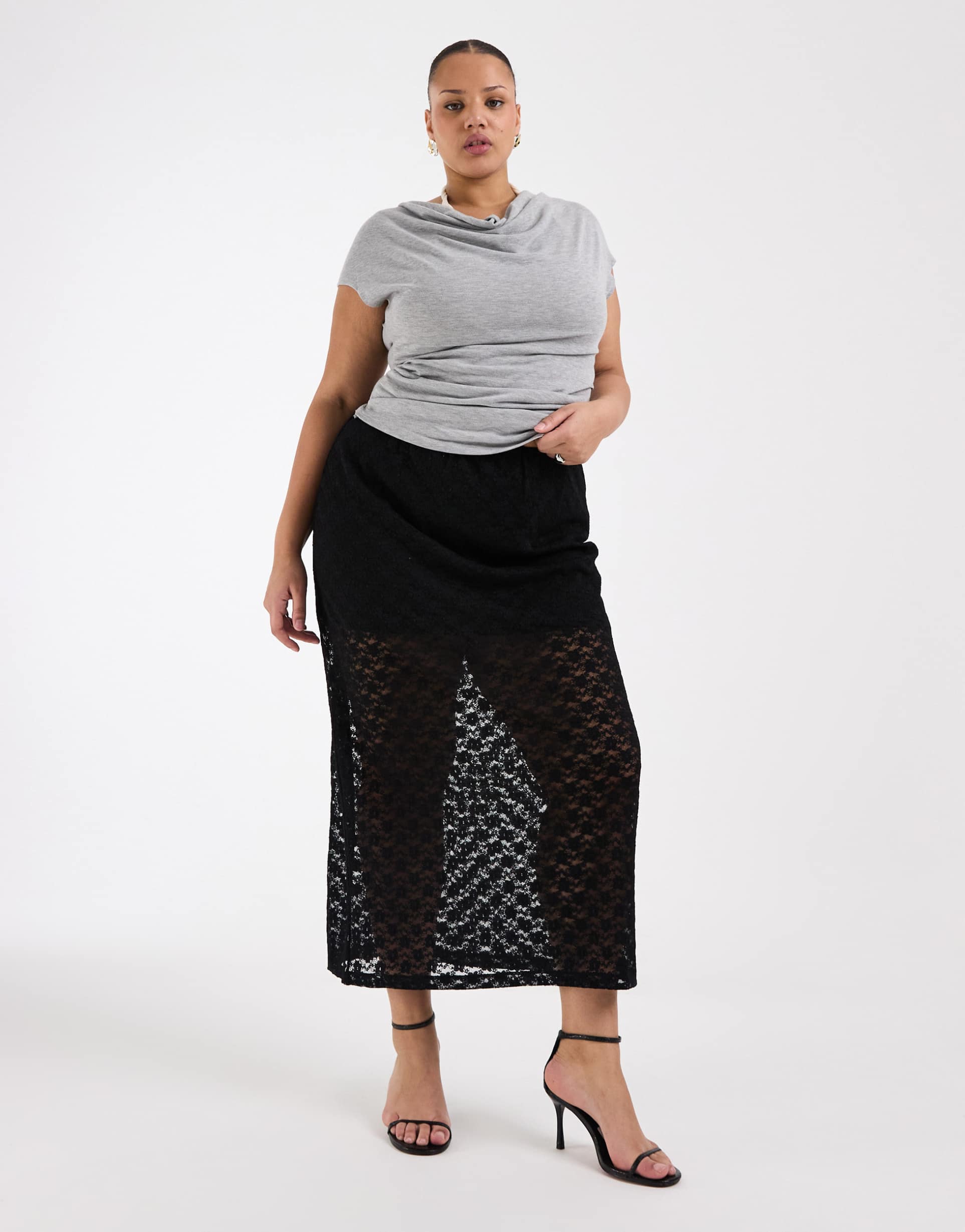 asos design curve lace column midaxi skirt in black